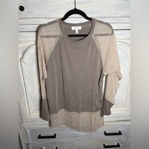 Nvelop Taupe Sheer Layered Baseball Tee Blouse Silk Chiffon Stylish Asymmetric‎